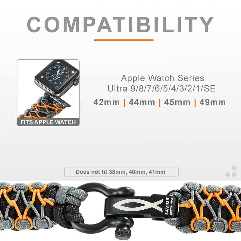 Savior Survival Gear Paracord Watch Band,Compatible with Apple Watch Band 49mm 46mm 45mm 44mm 42mm,iWatch Band Series Ultra 10 9 8 7 6 5 4 3 2 1 SE, Adjustable strap for men ( Black-Gray-Orange,Large) Black- Gray - Orange w/ Black Clasp Large