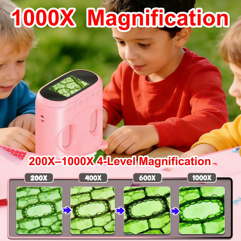 [AUSTRALIA] - 1000X Digital Microscope for Kids &Binoculars,Handheld Kids Microscope with 2.0" Screen,Rechargeable USB Portable Microscope,STEM Education Toys Christmas Birthday Gifts for Kids Boys Girls Ages 4-12 Pink 
