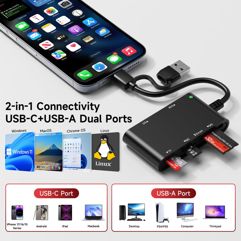 7 in 2 USB C/A SIM Card Adapter for iPhone,Smart Card Reader for Military CAC Military Card Reader,SD/TF/SIM/PIV/M2/IC/ID/MS Pro Duo Memory Card Reader for iPhone,iPad,Windows,Mac,Linux USB A/C SIM Reader