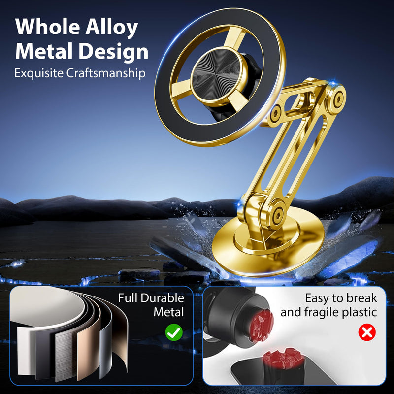Ultra Magnetic Long-Arm Phone Holder Stand, Fits for MagSafe Car Mount Bracket【Windshield+Vent+Dash】, 360° Rotation Adjustable Strong Magnets Car Mount Desk Office Phone Cradle Holder, Gold
