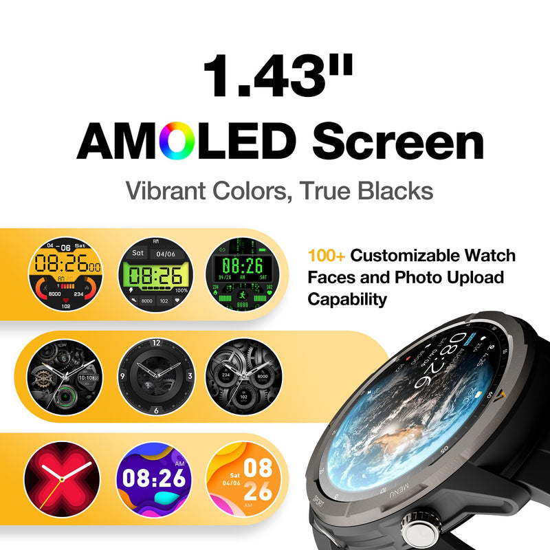 AGM Legion Rugged Smart Watch, AMOLED Activity Tracker for Outdoors, Black | GPS Fitness Tracking, Bluetooth Calling, Heart Rate SpO2 Sleep Monitor, Step Counter, Alerts, Custom Faces for iPhone Android