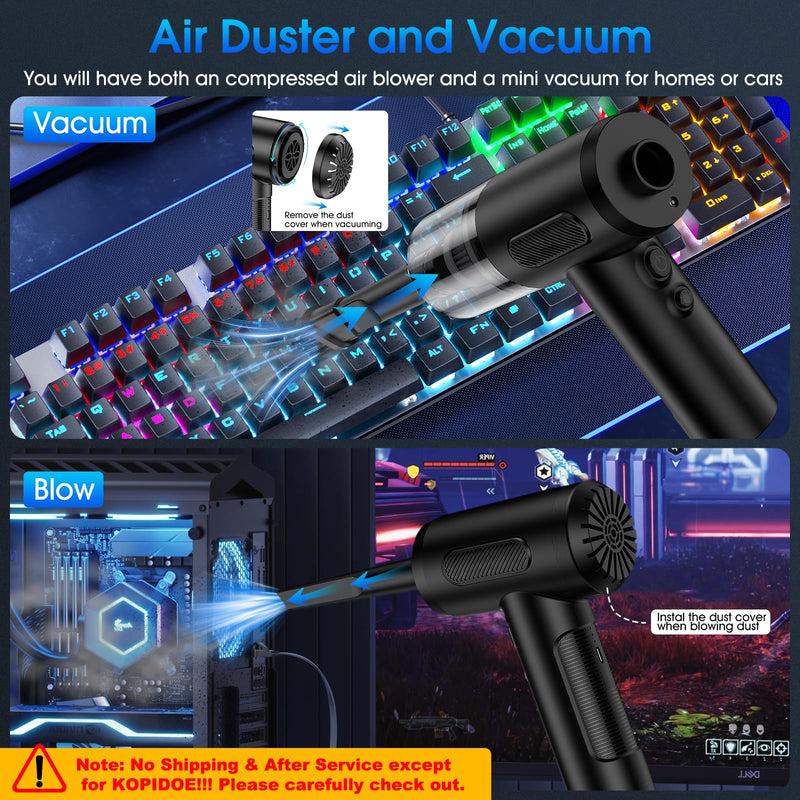 [AUSTRALIA] - Compressed Air Duster, 100000RPM Handheld Car Vacuum/Air Blower& Pump, 3 Gear Adjustable Electric Air Duster/Car Vacuum Cleaner, Keyboard Duster with LED Light-10 Kits Air Blower for Computer VC016 Black 