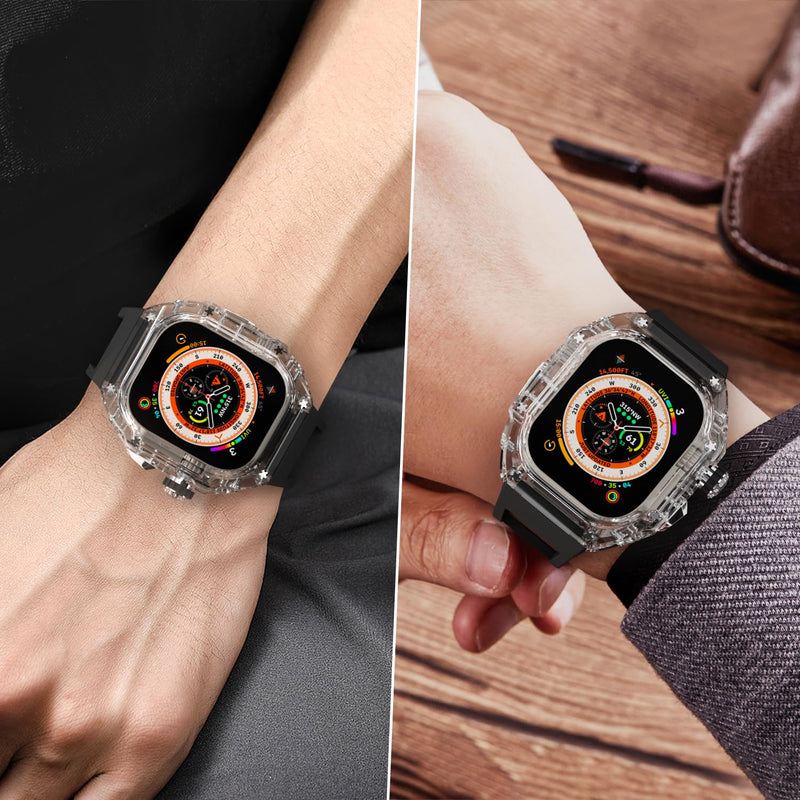 Transparent Designer Case with Band for Apple Watch Ultra 49mm Titanium, Luxury Crystal Clear Rugged Military Protective Hard Cover Bumper, Heavy Duty Tactical Protection for Men iWatch 49 mm