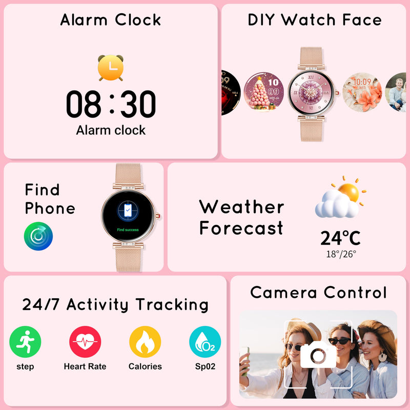 Smart Watch for Women for Android iPhone 3 Band 1.19” Small AMOLED 2000 Nit | Fitness Tracker Bluetooth Call/Heart Rate/SpO2/Sleep Monitor, DIY Dial, 120+ Sports Modes IP68 Waterproof, Rose Gold 1-Rose Gold