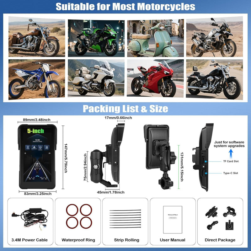 Motorcycle Carplay Screen GPS Navigation System with Wireless Carplay and Android Auto, 5 Inch Portrait Car Play for Moto Waterproof Siri G00gle Assistant P2-5 inch