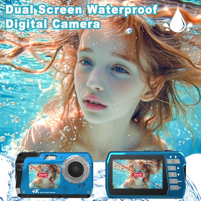 Waterproof Digital Camera, Underwater Camera with 32GB Card(Installed), 4K FHD 48MP Dual-Screen Selfie Under Water Camera for Photography, 10FT Waterproof Camera for Snorkeling, Surfing, Rafting Blue