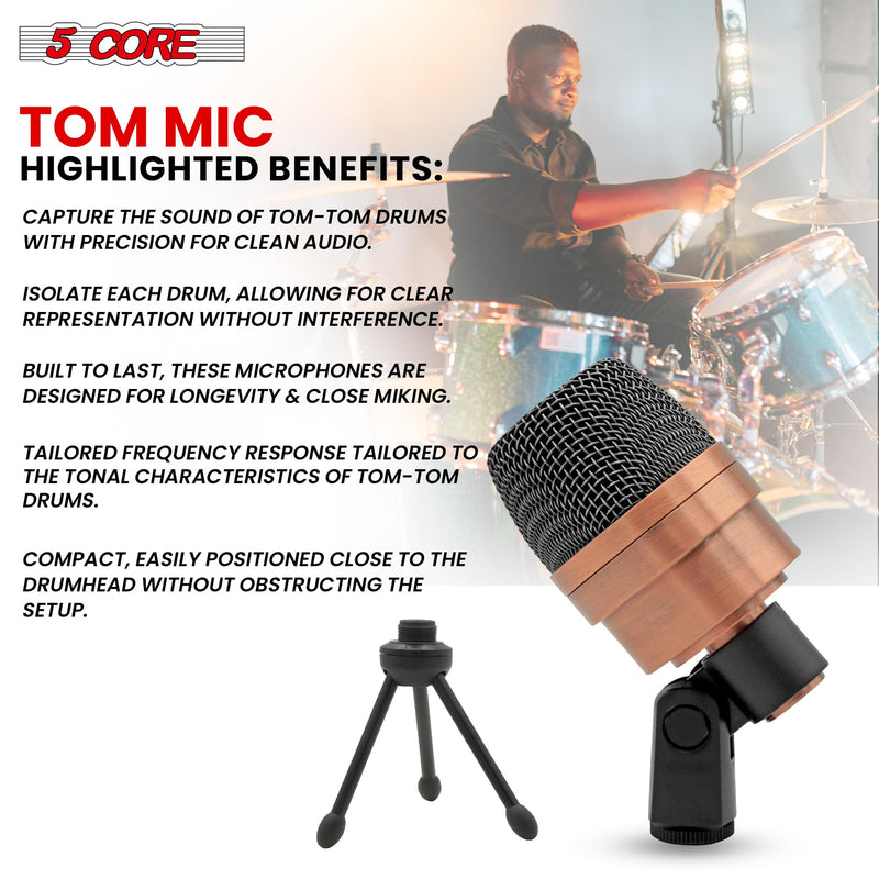 5 CORE Tom Microphone Copper Finish XLR Wired Uni Directional Snare Drum and Other Musical Instrument Mic w Swivel-Mount Steel Mesh Grille Tripod Carry Case Included Tom XP COPPEREX Metallic