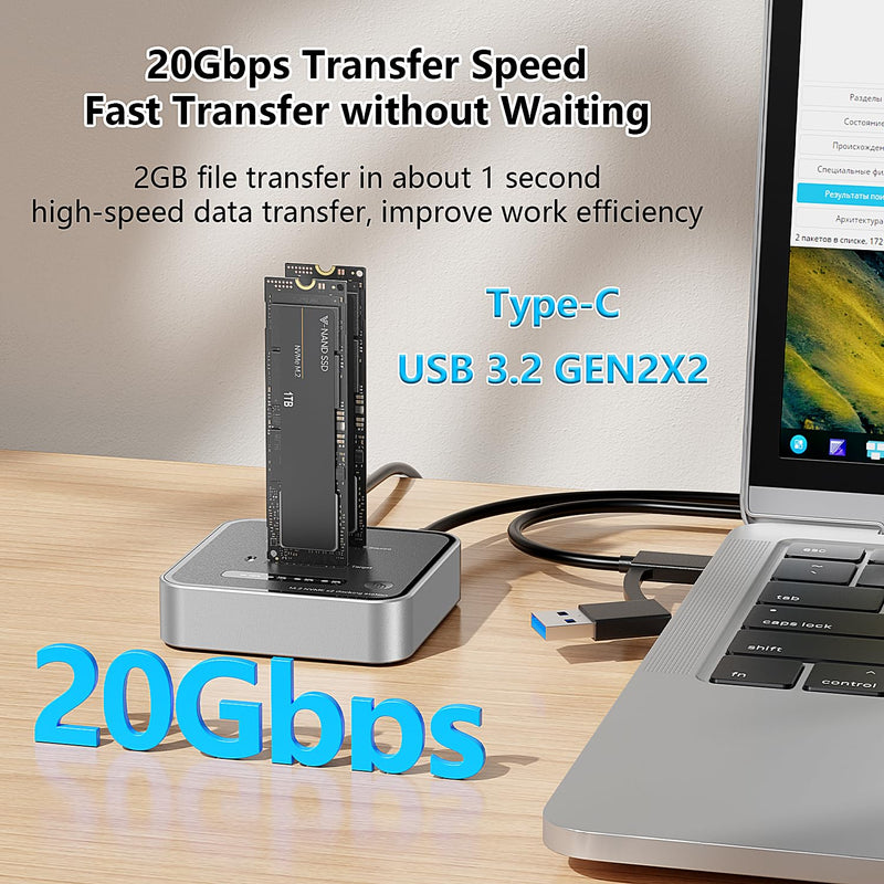 Dual-Bay M.2 NVMe SSD Enclosure, Offline Clone SSD Duplicator, 20Gbps Read/Write Expansion SSD Reader NVMe Enclosure, Tool-Free, Up to 8TB