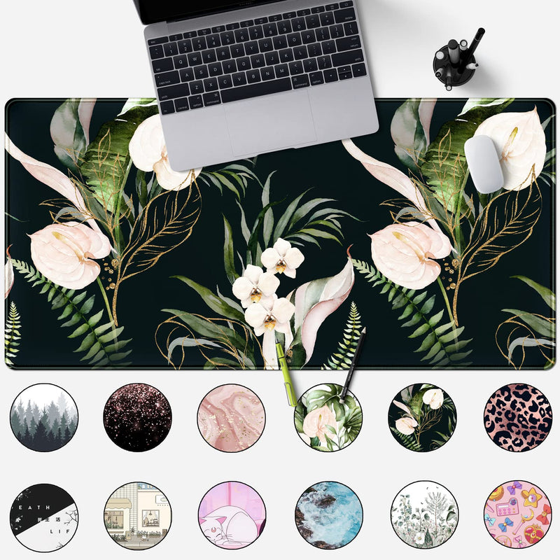 Desk Mat Black and Gold White Rose Flowers Decor Large Keyboard Mouse Pad for Laptop Pc Setup Desk Cover Protector Desk DéCor for Office Home Work Gaming 31.5" X 15.7" Stitched Edge Non-Slip Design A Blue black