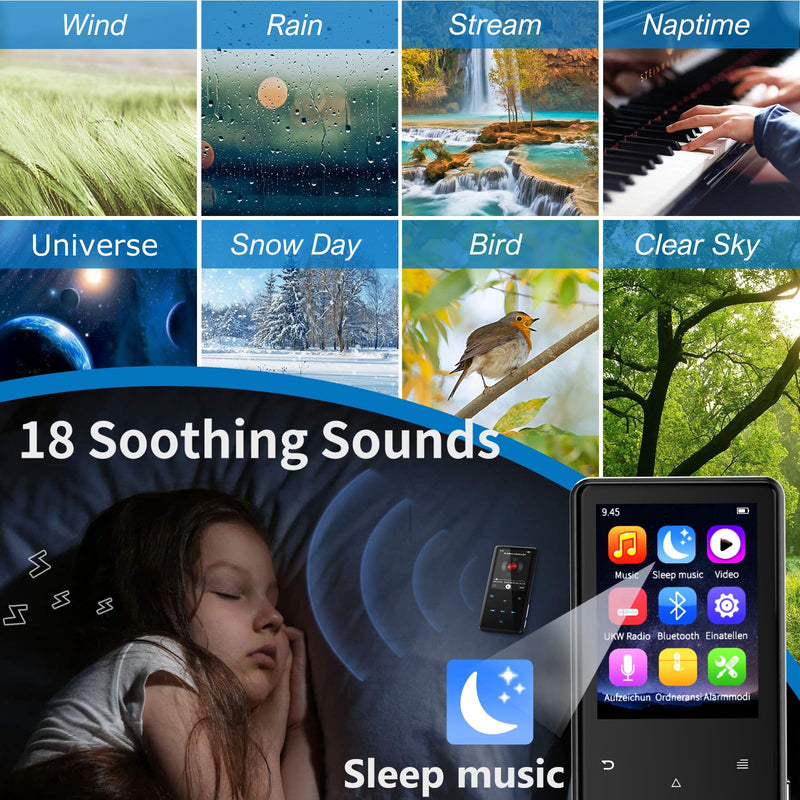 64GB MP3 Player with Bluetooth 5.3, Built-in White Noise Sounds, 2.4-inch Screen, Metal Body, Portable Music Player with Speaker, FM Radio, Voice Recorder, Shuffle, Support 128GB Micro SD Card Black