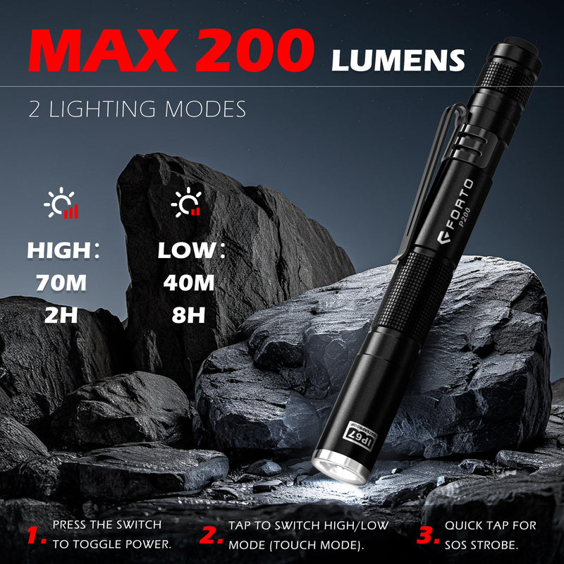 FORTO LED Pen Light, 200 Lumens Pocket Flashlight, IP67 Waterproof, 2 Modes, 2 Pack with AAA Batteries, Lightweight & Durable for Inspection, Medical Use, Emergency(3-Pack Mix) MIX 3 PACK