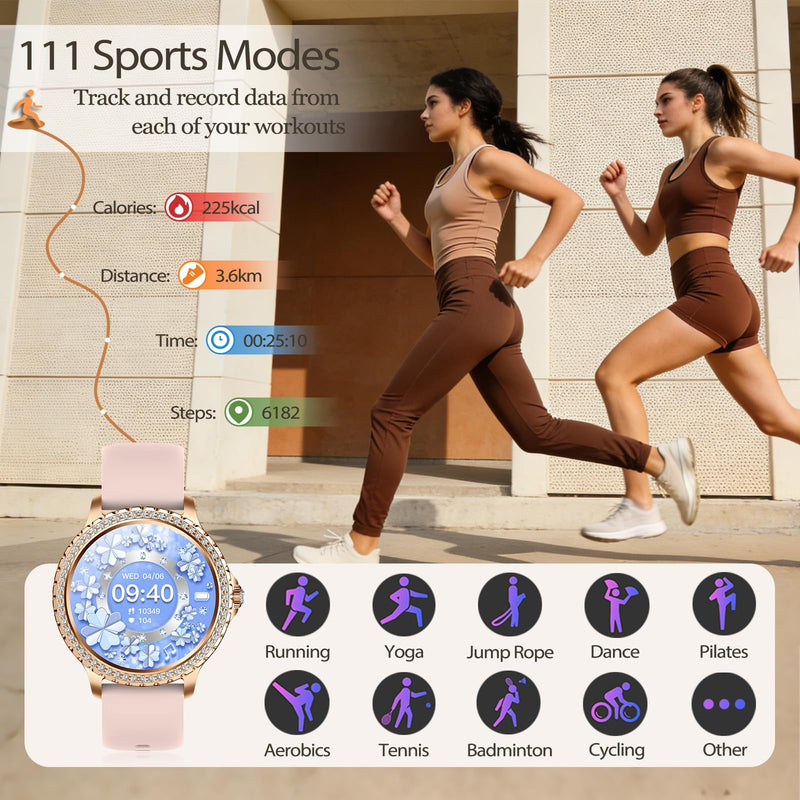 Smart Watch for Women with Diamonds, Bluetooth Calls, 1.32'' Full HD Screen Fitness Tracker with Multiple Sports Modes/Heart Rate/Sleep Monitor, IP68 Waterproof for Android iOS, Elegant Rosegold