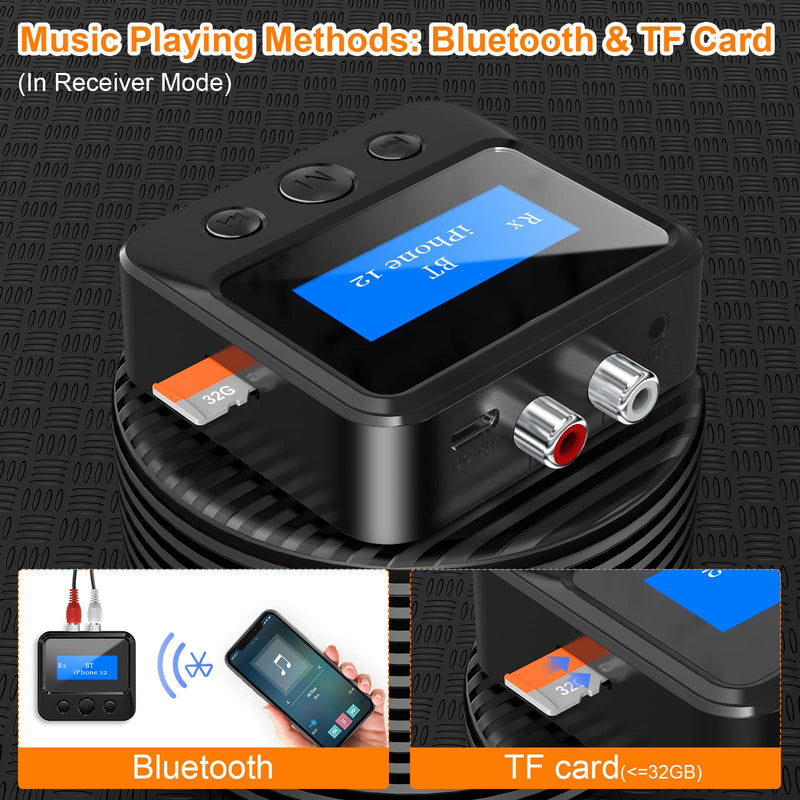 Bluetooth Transmitter Receiver for TV, Bluetooth Receiver for Home Stereo with RCA 3.5mm AUX & Display, Music Audio Adapter for Headphones/Speakers/Airplane/Home Theater/PC/Car, with TF Card Output