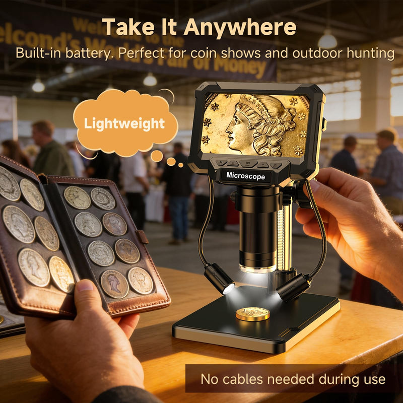 [AUSTRALIA] - 4.3" Coin Microscope for Error Coins (Detail View Only), 1000X Digital LCD Magnifier with Anti-Glare Side Lights, 1080P USB PC View (Win/Mac), Rechargeable Scope for Numismatic Grading 4.3inch 