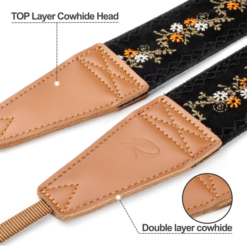 Padwa Lifestyle Camera Strap - 2" Full Grain Leather Ends Camera Straps for Photographers, Vintage Embroidered Cotton Weave Soft Suede Fabric Padded Strap Quick Release fits All Cameras Mustard Flowers 2 inch Wide / Adjustable 41~56 inch