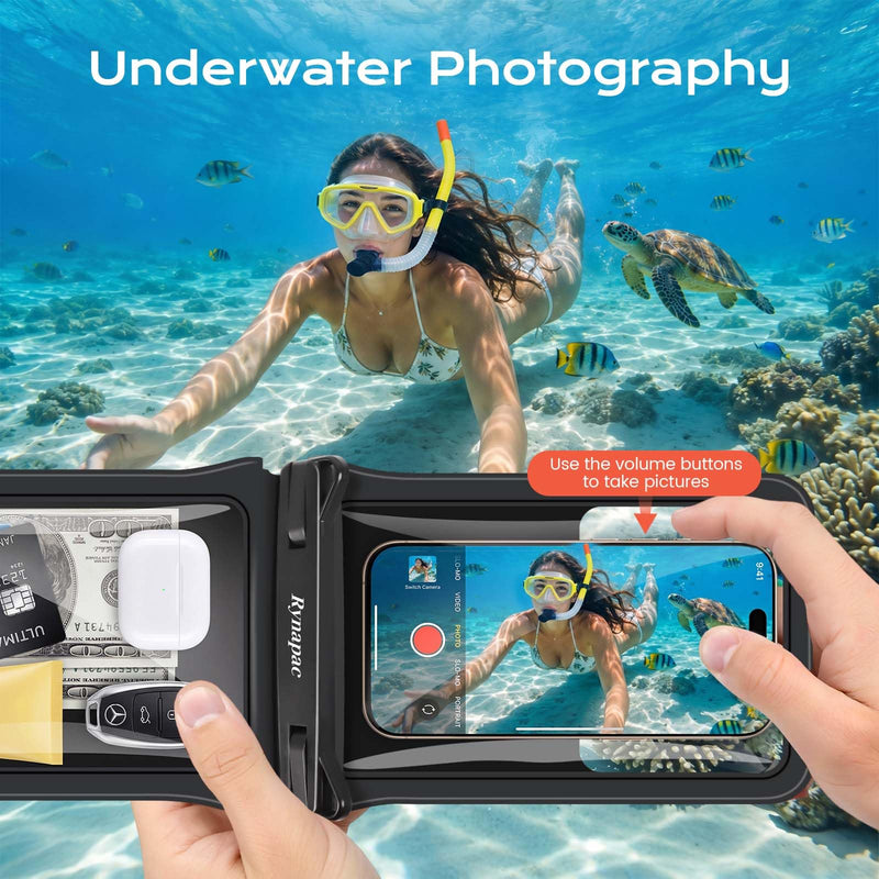 Rynapac Waterproof Phone Pouch 2 Pack, IPX8 Double Space Waterproof Phone Case with Lanyard for iPhone 17/16/15 Pro Max, Galaxy S26 Ultra, Cell Phone Dry Bag for Beach Cruise Essentials, Up to 8.5’’ Black+Green