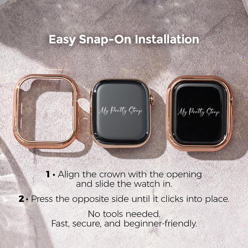 My Pretty Strap Rose Gold Apple Watch Band & Glossy XOXO Protective Case Bundle – Elegant Stainless Steel Strap & Luxury Metal Cover for Apple Watch Series 1-11, SE & Ultra (38MM) Mermaid
