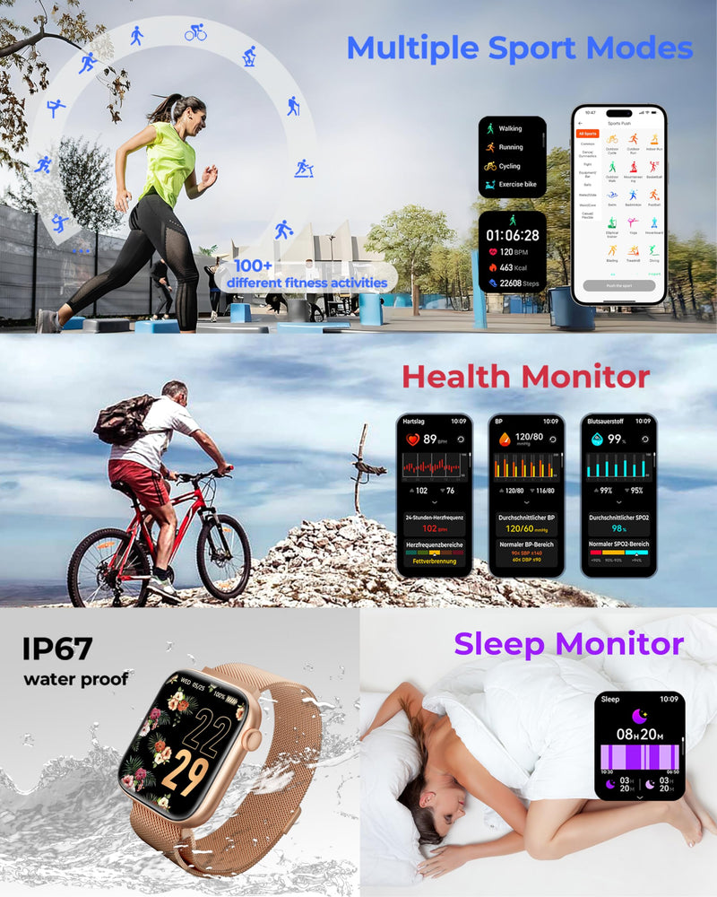 Smart Watch for Men/Women, 1.85" AMOLED Touchscreen, Make/Answer Calls, Fitness Tracker with Heart Rate, Blood Oxygen, Sport Modes, Waterproof Watches Compatible with Android & iPhone(4 Watch Bands) Rose Gold