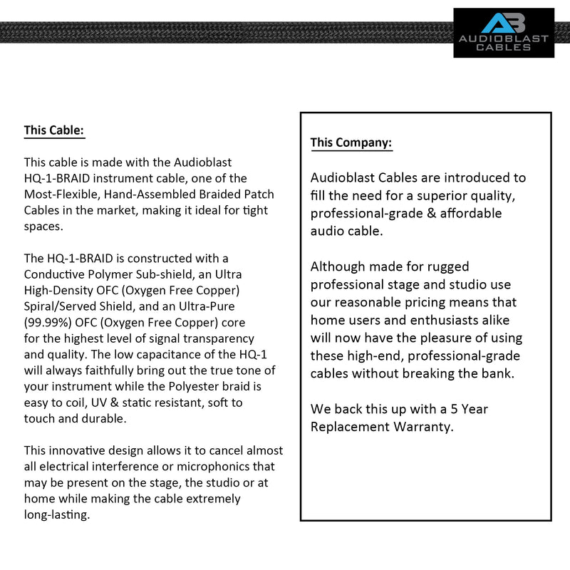 12 Inch x4 + 3 Foot x2 - Audioblast HQ-1 Braid (Black) - Flexible - Dual Shielded (100%) - Instrument Effects Pedal Patch Cable w/Low-Profile, R/A Pancake TS (6.35mm) Plugs & Dual Staggered Boots