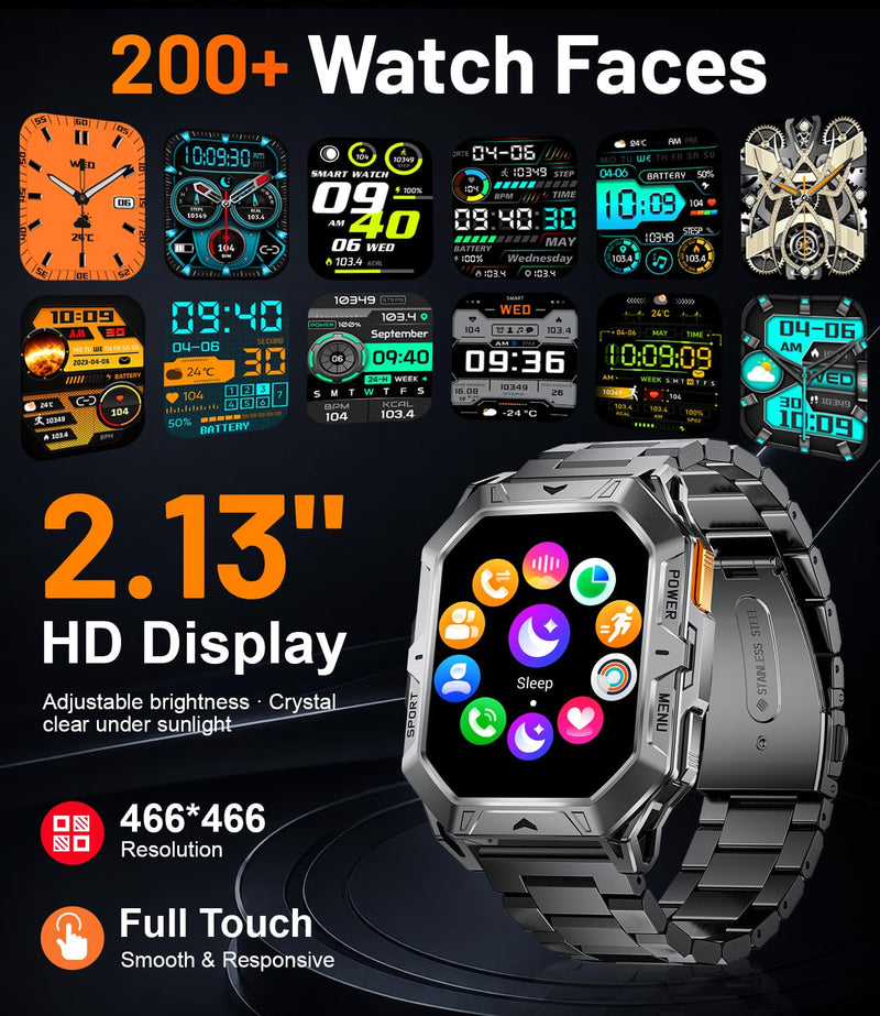 LIGE Military Smart Watches for Men(Answer/Make Calls),100-Day Battery Life,2.13" AMOLED Outdoor Sports Smartwatch with Compass,Fitness Tracker with 100+Sports Modes for Android iOS,AI Voice
