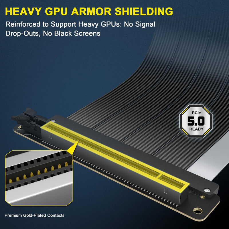 PCIe 5.0 Riser Cable Gen5 x16, 20cm GPU Extension for RTX 5090/5080 | Unleash 128GB/s bandwidth with zero lag. Shielded 6-layer PCB stops EMI blackouts, while 180° flexible TPE fits mid-towers.