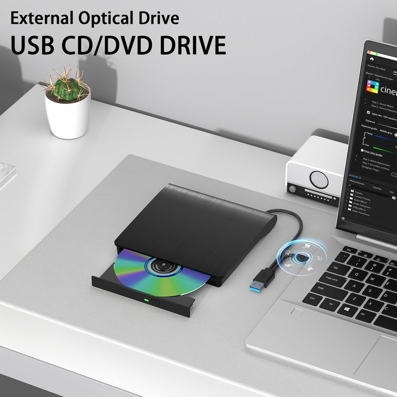 External CD/DVD Drive for Laptop PC CD DVD Player USB 3.0 Portable Optical Drive CD Burner Compatible with Windows 10 11 Linux Mac OS (Black) Black