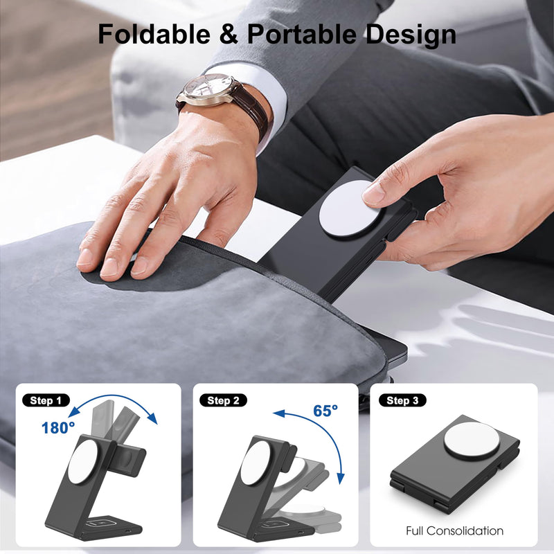 3 in 1 Wireless Charging Station for Multiple Devices, Fast Foldable Travel Mag-Safe Stand for iPhone 15 14 13 12 Pro Max/Plus/Pro/Mini, Magnetic Charger for Apple Watch/AirPods Pro with 20W Adapter Upgraded Black