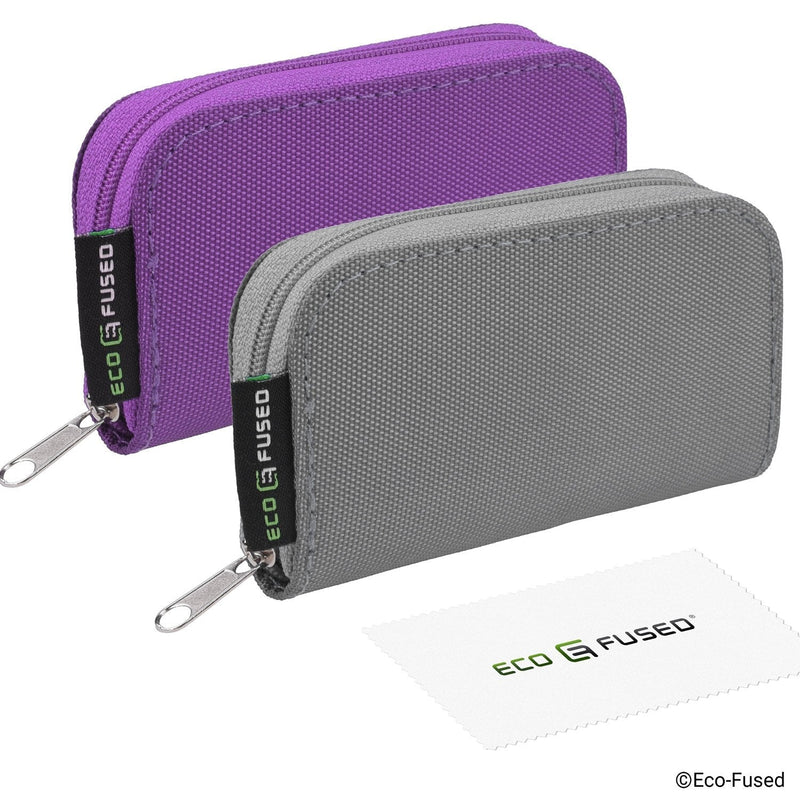 Eco-Fused Memory Card Carrying Case - Suitable for SDHC and SD Cards - 8 Pages and 22 Slots - ECO-FUSED Microfiber Cleaning Cloth Included - 2 Pack - 44 Slots, Grey + Purple