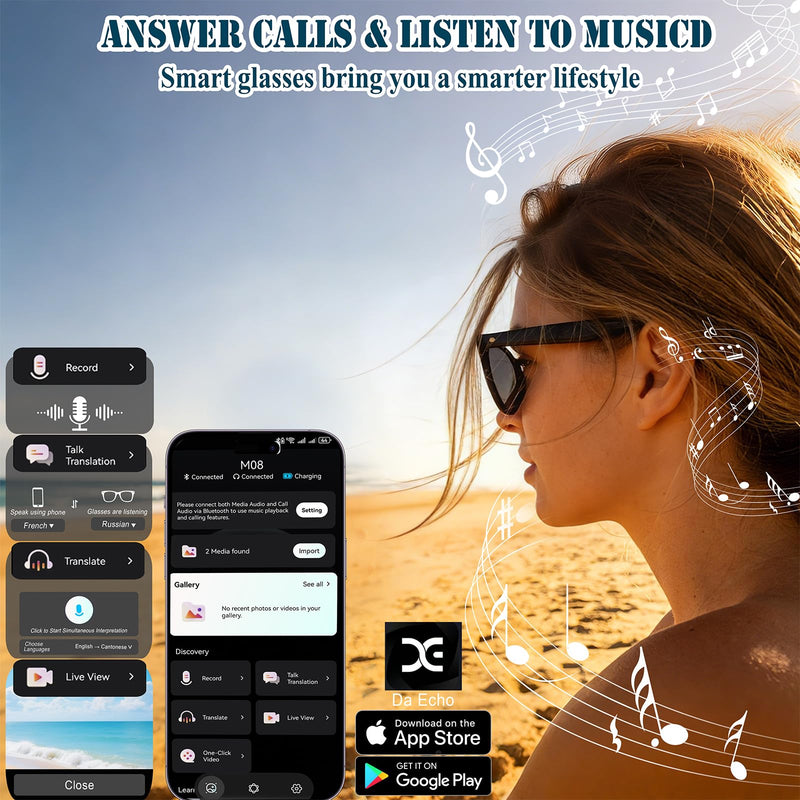 8MP Smart Glasses with Camera, Photochromic AI Glasses for Vlogging | Photochromic lenses, 30+ language translation, voice control, Hi-Fi audio, spring temples, USB-C charging Transparent