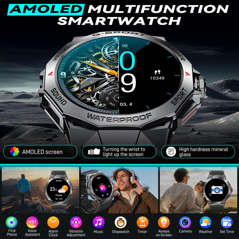 Military Smart Watch for Men Answer/Make Call 1.43" AMOLED Always On Screen | Rugged Smartwatch with Heart Rate Sleep Monitor Waterproof Outdoor Tactical Waterproof Smartwatch for iPhone Android Phone