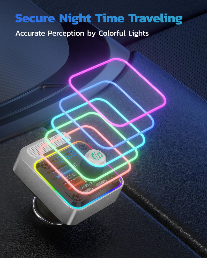 Nulaxy 54W Bluetooth 5.3 Car Adapter with 4 Charging Ports [PD 36W & QC3.0 18W], Wireless Radio FM Transmitter with Deep Bass Player & 5 Colors LED Backlit, Hands-Free Calling - Silver