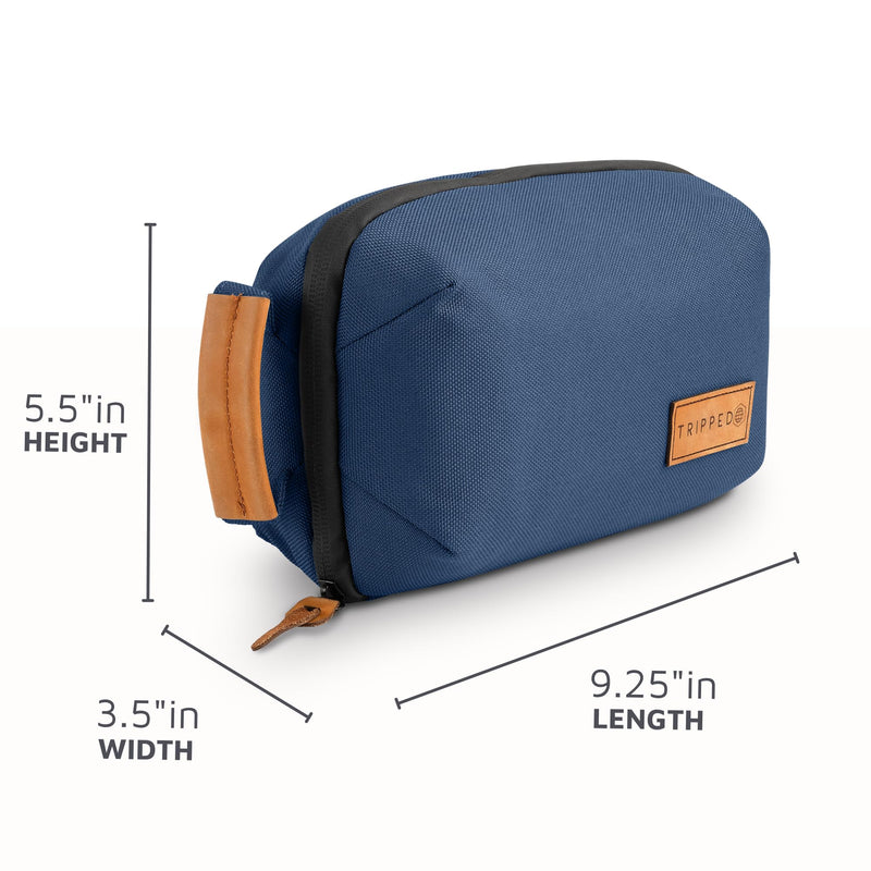Tech Bag Organizer - Small Electronics Organizer Pouch for Travel - Premium Travel Case with Leather Accents - Mesh Pocket for Cables, Cords and Chargers (Navy) Navy