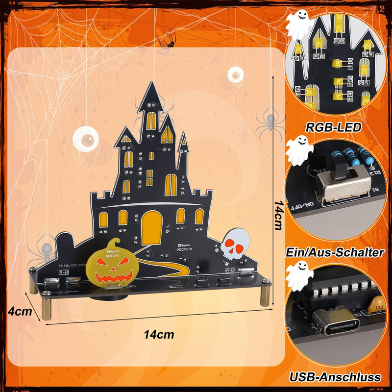 PEMENOL Halloween Burg Löt bausatz Musik Kürbis Skelett Leuchte Elektronik bausatz Atmende LED-Effekte Mit USB-Kabel Halloween Dekoration Party Deko Geschenk