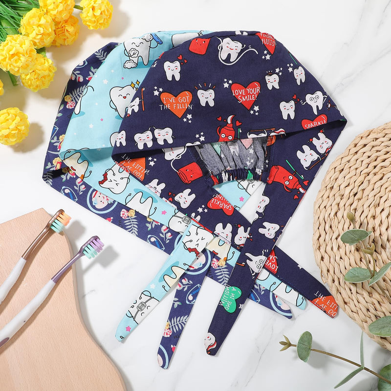 Pack of 3 Adjustable Surgical Cap with Button Work Cap Cotton Print Sick Nurses Cap Unisex Dust Caps, multi-coloured, Unit size cartoon teeth style