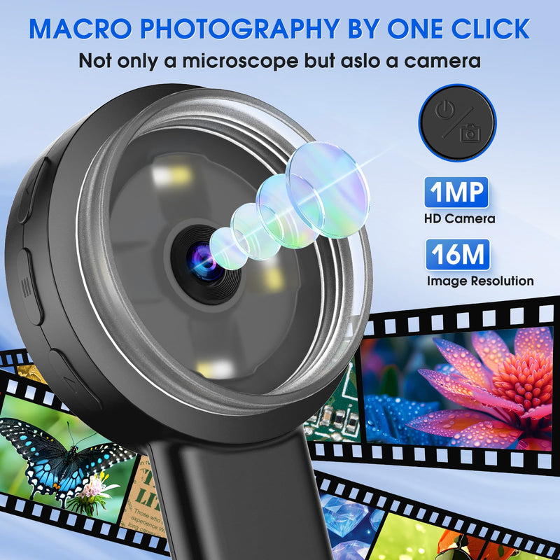 [AUSTRALIA] - Pocket Digital Microscope for Adults Kids: 100X Handheld Magnifying Glass with Light, USB Coin Magnifier for Collector, Portable Jewelers Loupe with 2" Screen, Mini Scope for Trichome Black 