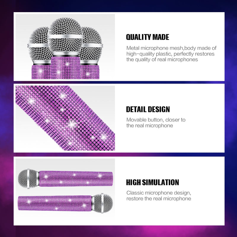 Sanwuta Fake Microphone Prop Sparkly Bling Rhinestones Microphone Prop Plastic Play Microphone Pretend Glitter Bedazzled Microphones for Disco Stage Living Broadcast Live Streaming Party (Purple) Purple