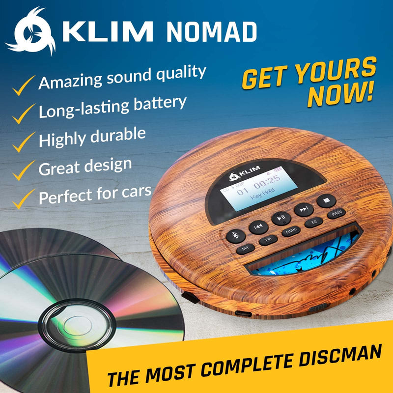 KLIM Nomad Wood - New 2024 - Portable CD Player Walkman - Long-Lasting Battery - Includes Headphones - Radio FM - Compatible MP3 CD Player Portable - TF Card Radio FM Bluetooth - Ideal for Cars