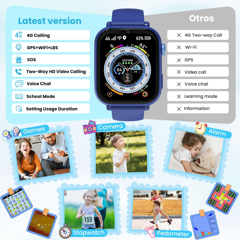 4G Kids Smart Watch for Boys Girls, Kid Watch Phone Ages 4-12 with Call, GPS, SOS, Video Call, Games, Camera, Alarm, Touchscreen Smartwatch for Children Birthday Gift (Includes SIM Card),Navy Blue Navy Blue