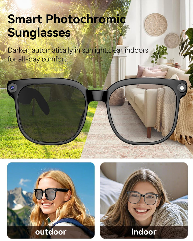 AI Smart Glasses with 8MP Camera, 4K Video and 139-Language Translation | Photochromic Lens, Audio Recording, Object Recognition, ChatGPT Assistant,Hi-Fi Audio,IPX5 waterproof,Gift Selection Deep Black