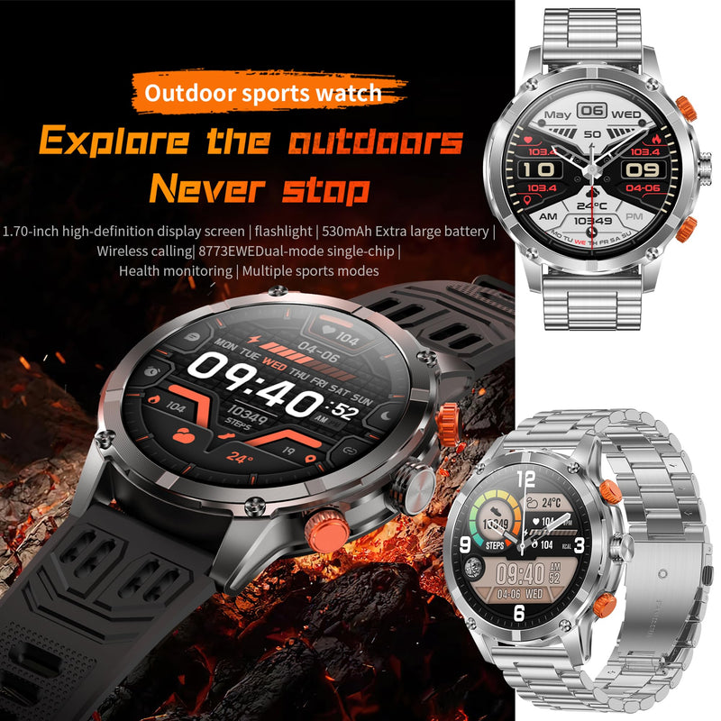 1.7" AMOLED Smart Watch for Men (Make/Answer Call), Mens Smartwatches with Flashlight, 710mAh Battery，Fitness Tracker Smartwatch for Android iPhones, Digital Watches Step Counter, 2 Straps (Silver) Silver