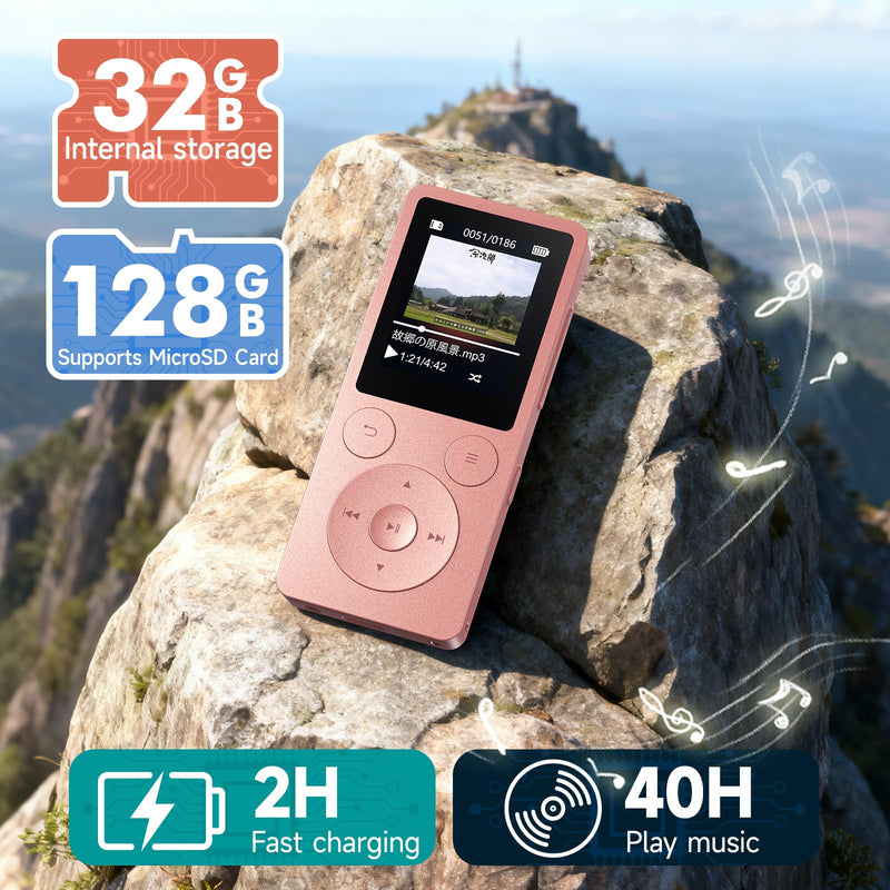 32GB MP3 Player with Bluetooth 5.3, Speaker, Simple Physical Buttons | Portable Music Player with FM Radio, 1.8 inch Screen, 40 Hour Battery Life, Voice Recorder, Supports 128GB Micro SD Card Pink