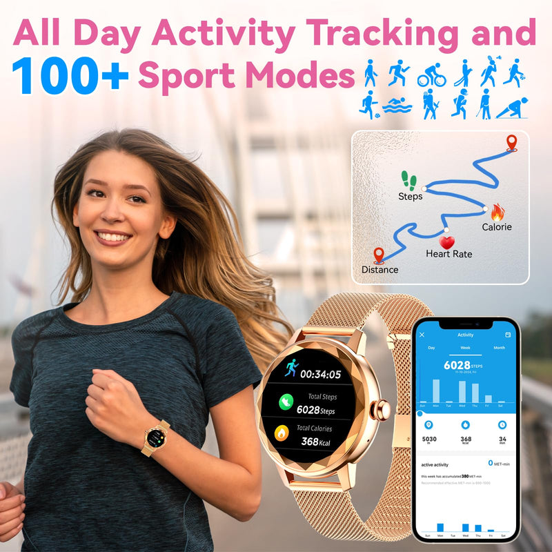 Smart Watch for Women, 1.2" Display 100+ Sports, IP68 Waterproof | Fitness Tracker with Heart Rate, Sleep & Female Cycle, Adjustable Fit, iOS & Android Compatible, W02-Rose Gold