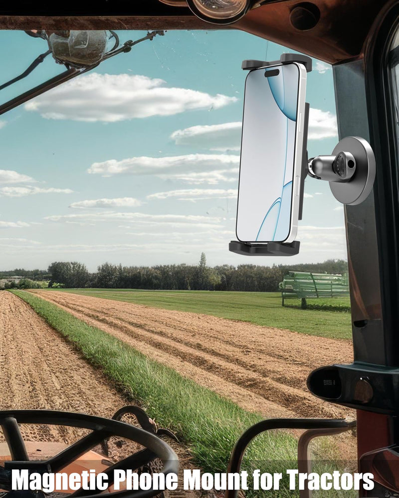 Charchendo Magnetic Portable Metal Phone Mount for Tractor [Powerful Magnet], Phone Holder for Heavy Equipment Metal Surface, Fit 17 16 15 14 13 12 Pro Plus Max Mini and 4-7" Phones with Thick Cases