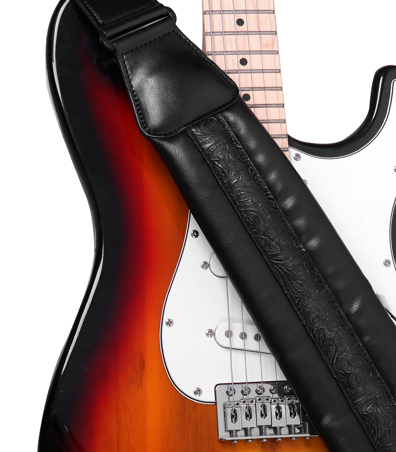 Neoprene Guitar Strap 3.4'' With Carbon Buckle, Leather Top & Back Soft For Bass, Electric Acoustic Guitar Black