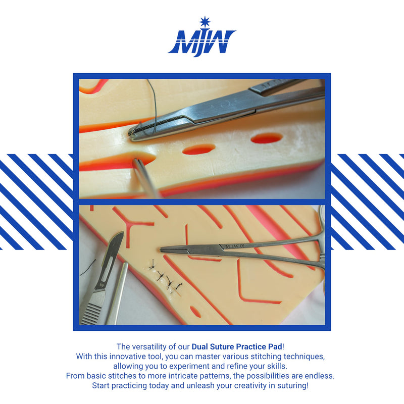 MJW Dual Seam Practice Pad - Two in One Seam Pad, 3 Layers, 14 Pre-Cut Wounds and Unadorned Silicone Skin Seam Exercise Pad of Different Styles - Ideal for Students Suture Training Dual Pad