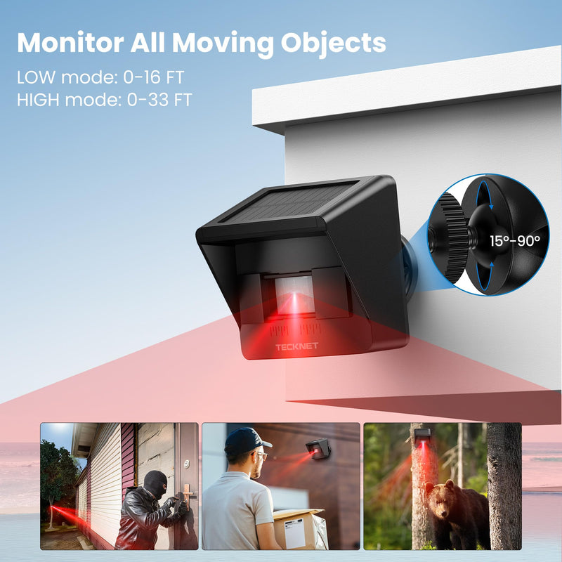 [AUSTRALIA] - TECKNET Solar Wireless Driveway Alarm with 2600FT Long Range & 36 Melodies & 5 Volumes and Supports 4 Zones Weatherproof Motion Sensor Alarm to Protect Inside/Outside Property (1 Receiver 1 Sensor) RGB Receiver and Sensor 