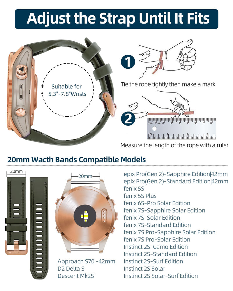 20mm Watch Band Replacement for Garmin fenix 5S/5S Plus/6S/7S/Instinct 2S/D2，Quick Fit silicone with rosegold buckle, WHITE and ARMYGREEN Bundle