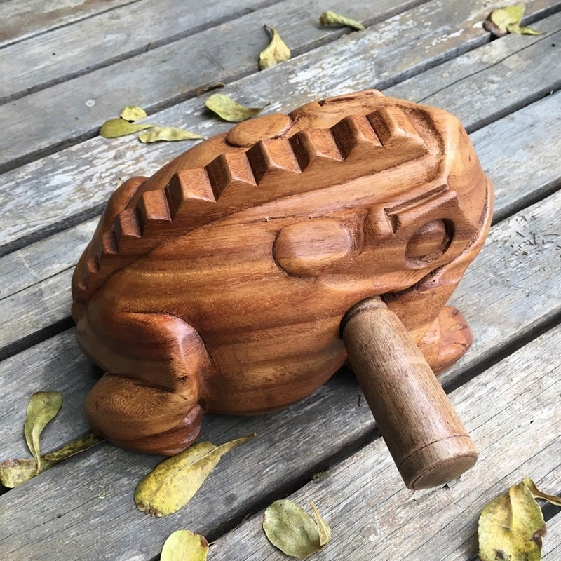 Large 7" Wood Frog Guiro Rasp Percussion Instrument Tone Block Frog Animal Shaped Figurine Wooden Handcraft Musical Lucky Frog Home Office Decoration (Tan) Tan