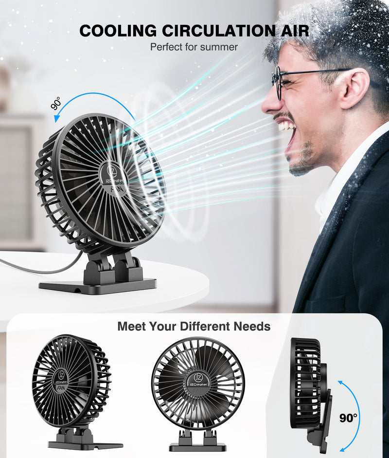 JZCreater USB Desk Fan, Mini Fan Portable, 3 Speeds Desktop Table Cooling Fan, Plug in Power Fan, Rotation Strong Wind, Quiet Personal Small Fan for Home Desktop Office Travel Bedroom, Black Black