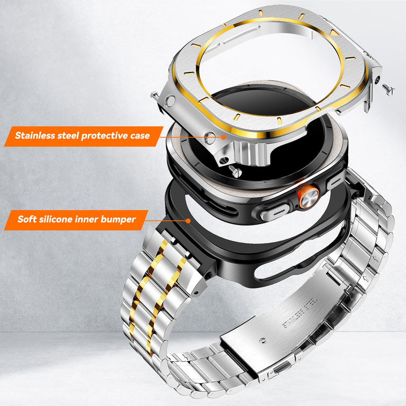 Stainless Steel Band with Case Compatible with Samsung Galaxy Watch Ultra | BAITEYOU Metal Strap with Cover for Samsung Galaxy, Ultra 2/9/8/7 47mm 2026/2025/2024, Luxury Bracelet for Men.Silver Gold Silver Gold Galaxy Watch Ultra -47mm